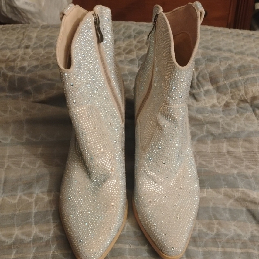 Crystal-Embellished Women's Ankle Boots in Beige